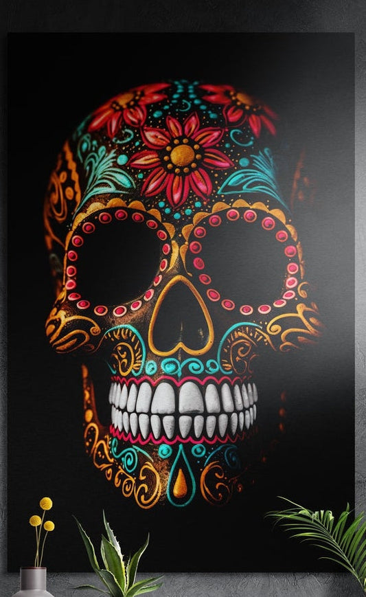 Floral sugar skull on black brushed aluminum wall art on a gray concrete wall above small plants