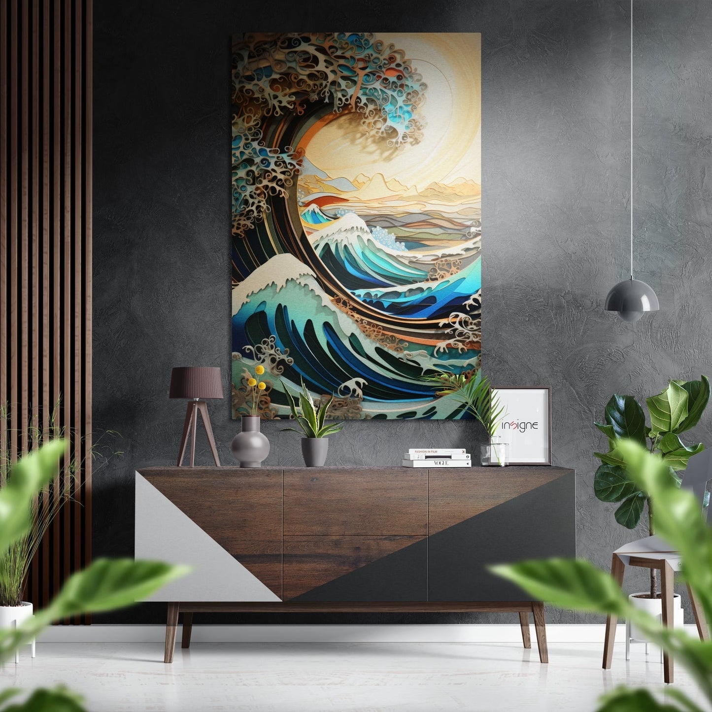 Waves and mountains brushed aluminum wall art with modern metal texture, nature landscape decor