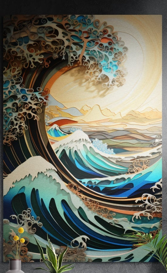 Layered paper style wave curling around a golden sunrise, brushed aluminum wall art on a dark wall