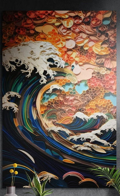 Layered paper style wave under an amber sky, brushed aluminum wall art on a dark wall behind plants