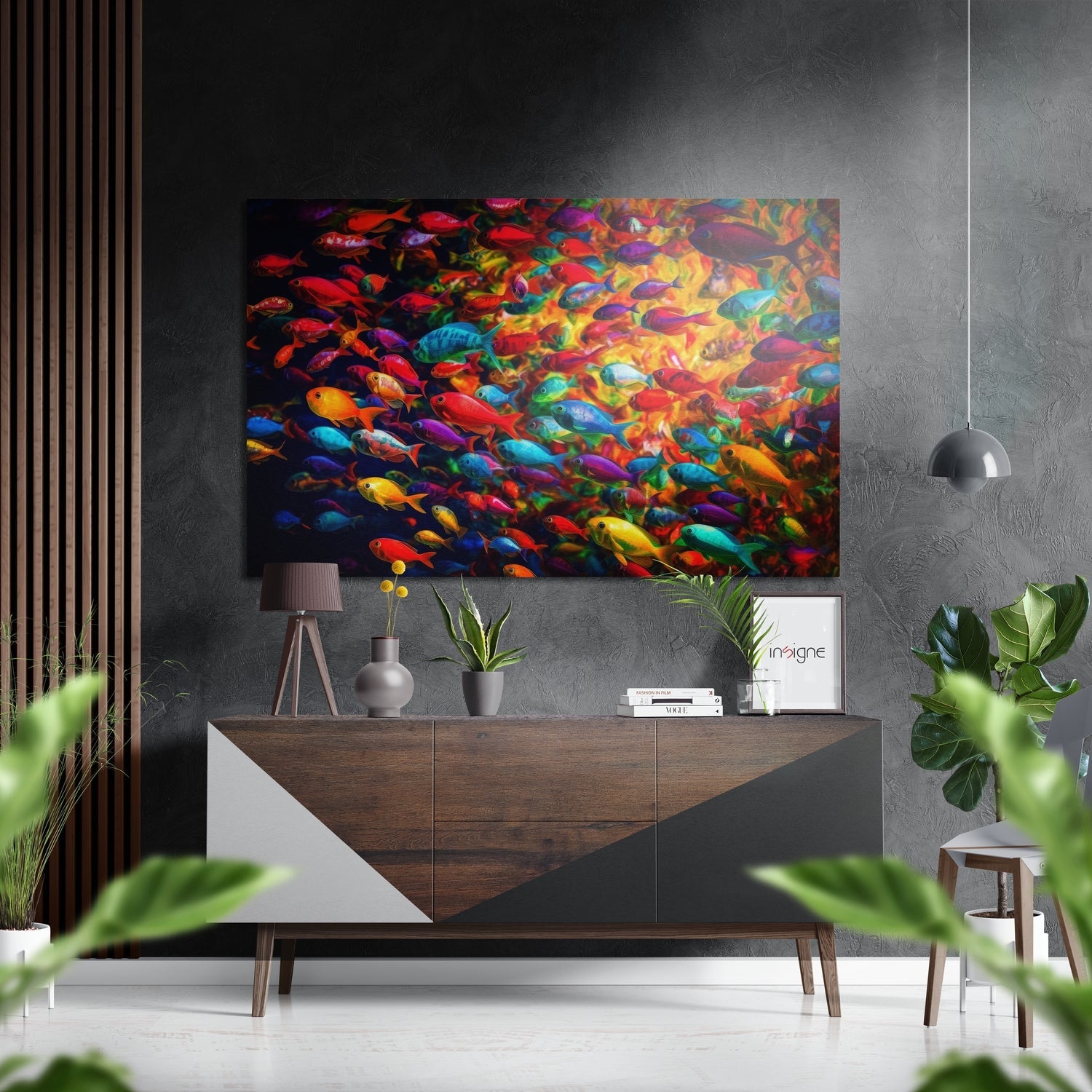 Rainbow tropical fish shoal metal wall art
