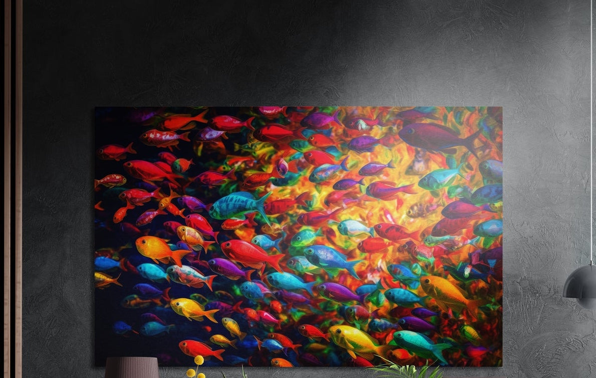 Rainbow school of tropical fish brushed aluminum wall art on a dark textured wall