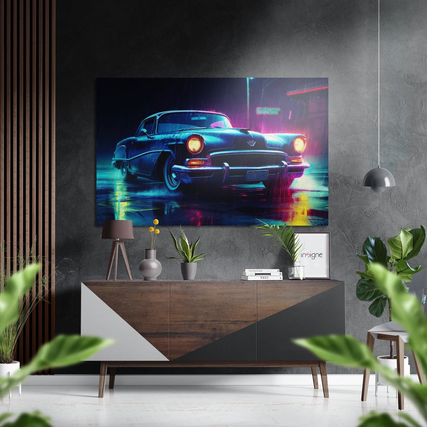 Vintage Coupe Neon Rainy Street metal wall art