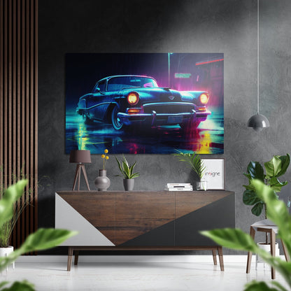 Vintage Coupe Neon Rainy Street metal wall art