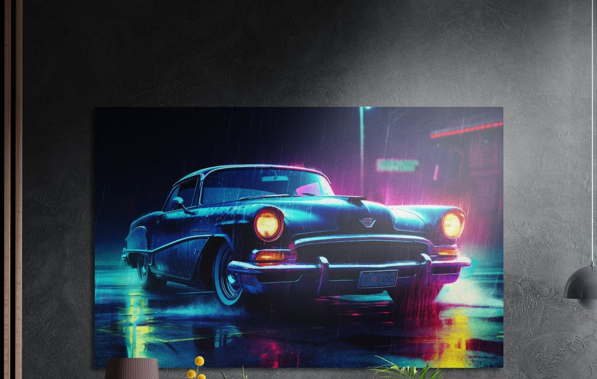 Vintage car on a neon rainy street brushed aluminum wall art on a dark textured wall, a lamp and plant tops below