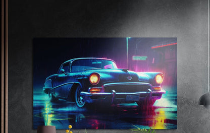 Vintage car on a neon rainy street brushed aluminum wall art on a dark textured wall, a lamp and plant tops below