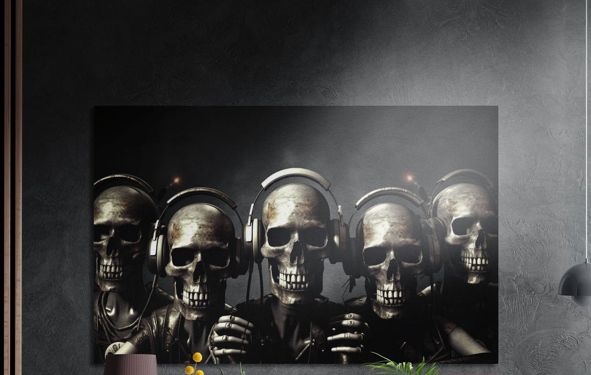 Row of skulls wearing headphones brushed aluminum wall art on a gray concrete wall with a lamp and plants below