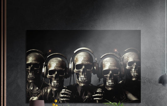 Row of skulls wearing headphones brushed aluminum wall art on a gray concrete wall with a lamp and plants below