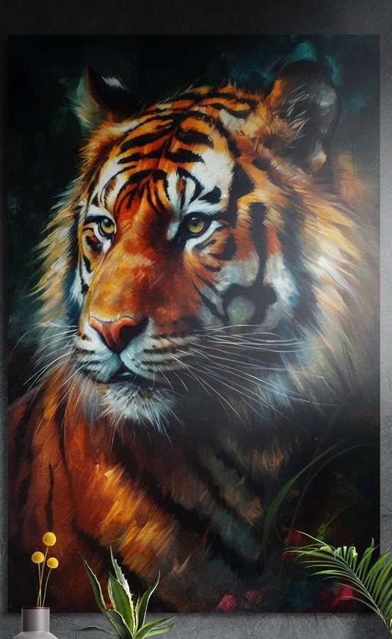 Brushy tiger portrait against a dark teal mist brushed aluminum wall art on a dark gray wall above plants