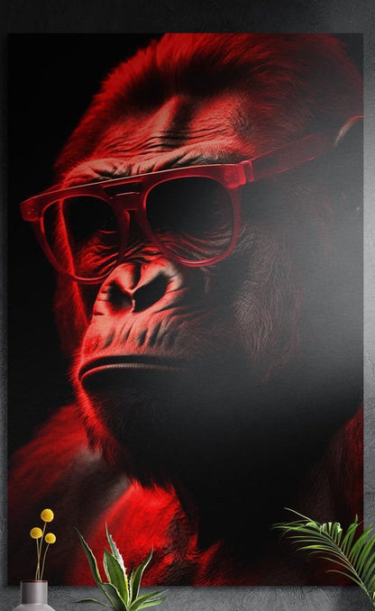 Gorilla in red sunglasses washed in crimson light, brushed aluminum wall art on a gray wall above yellow flowers