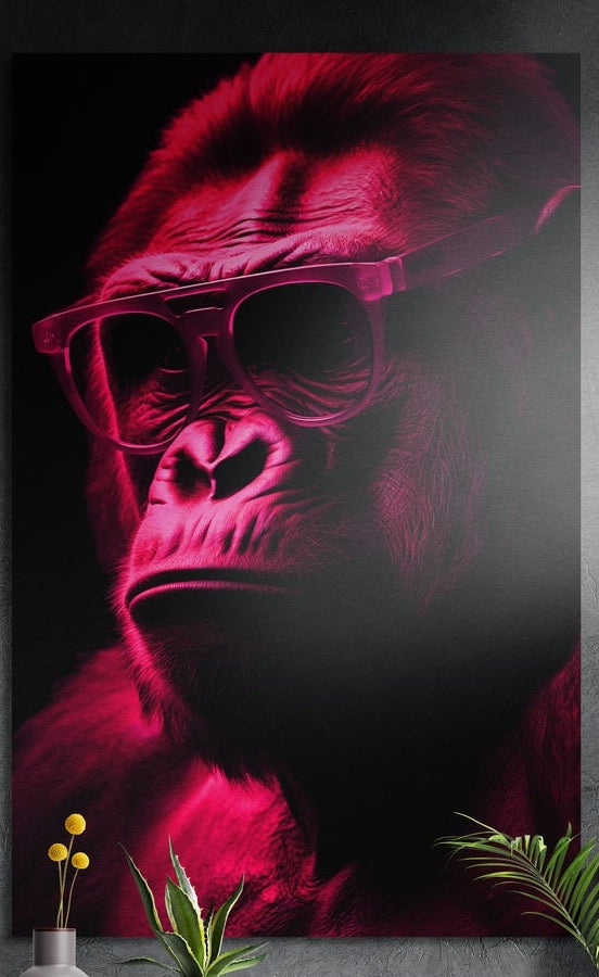 Close-up of a gorilla face in large sunglasses lit in magenta on black, brushed aluminum wall art on a dark wall