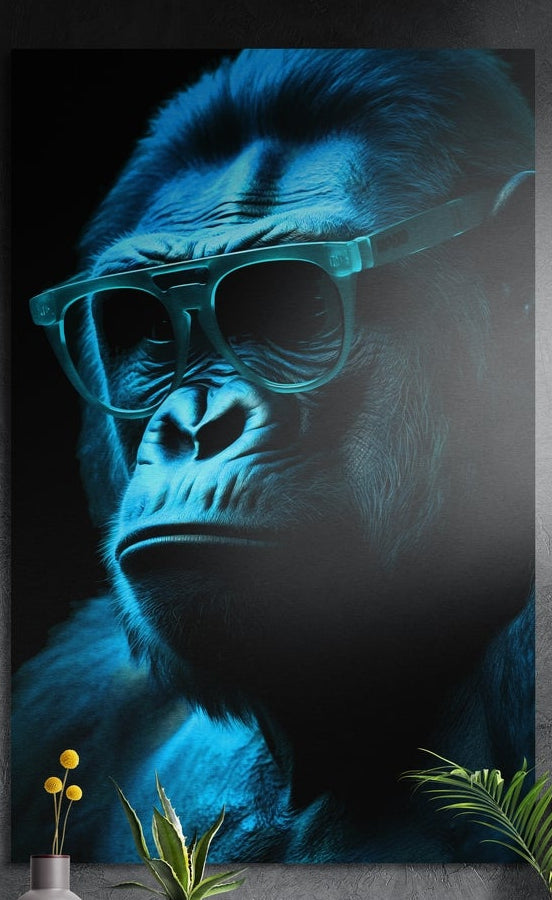 Blue gorilla in teal shades brushed aluminum wall art on a dark wall behind yellow flowers and green plants
