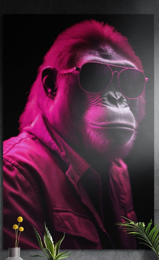 Gorilla in pink aviator sunglasses and a pink shirt on black, brushed aluminum wall art on a dark wall