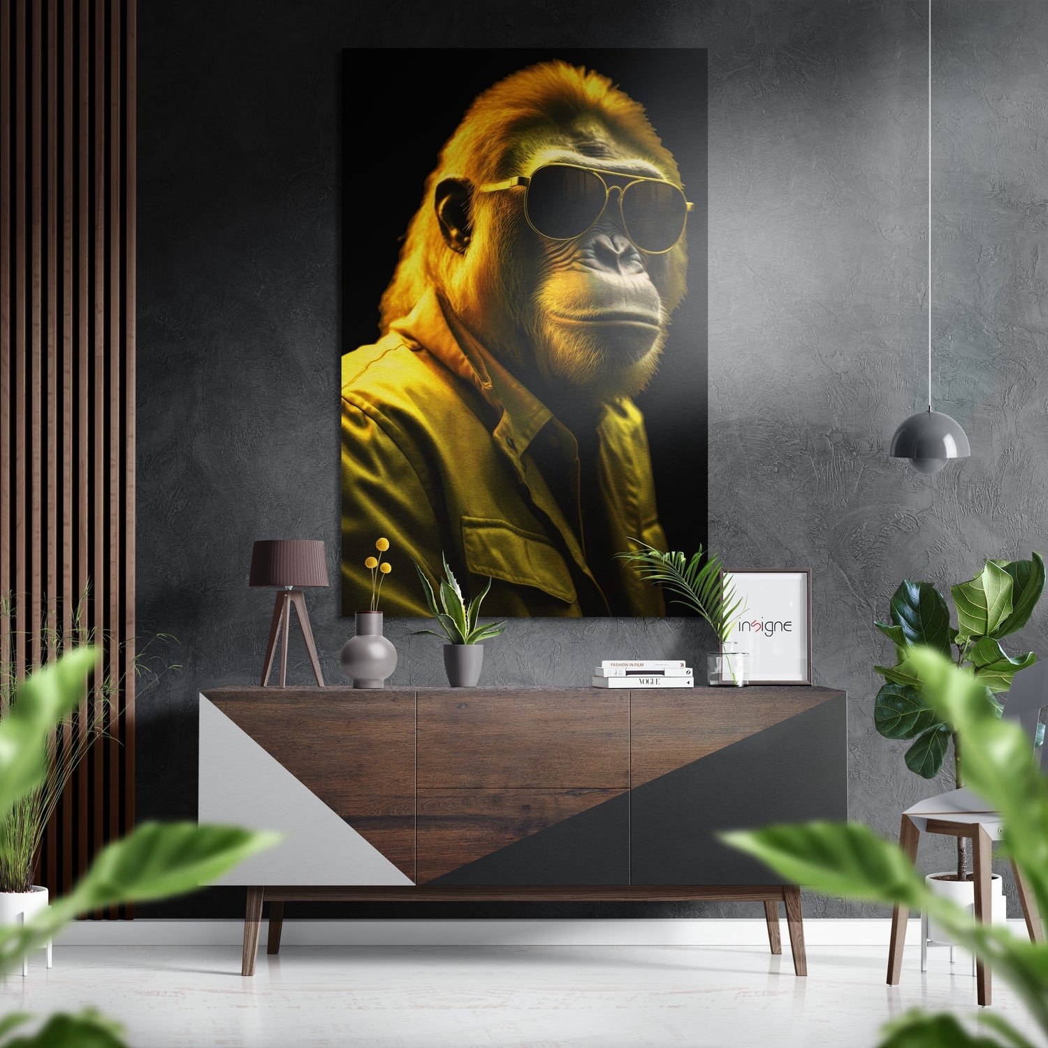 Golden Yellow Gorilla in Sunglasses metal wall art aluminum dibond print
