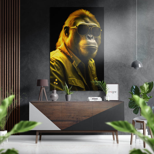 Golden Yellow Gorilla in Sunglasses metal wall art aluminum dibond print
