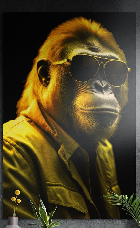 Gorilla in gold aviator sunglasses and a yellow jacket on black, brushed aluminum wall art on a dark wall