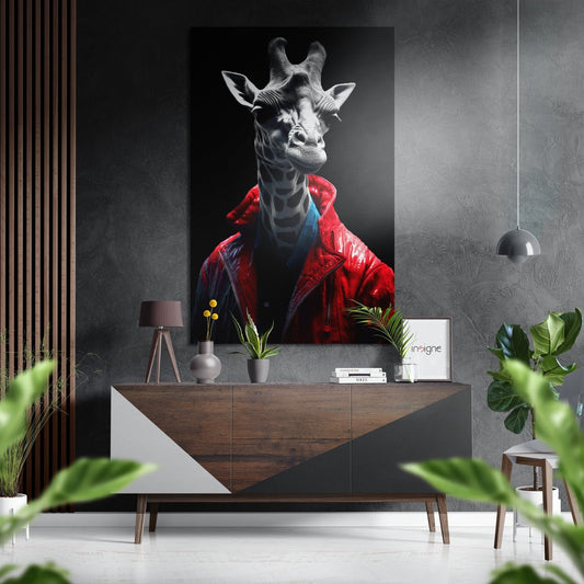 Giraffe In Red Leather Coat Metal Wall Art