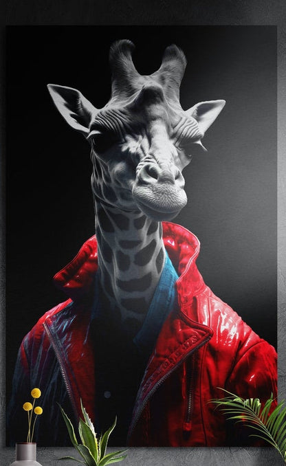 Gray giraffe in a red leather jacket and blue shirt on black, brushed aluminum wall art on a dark wall