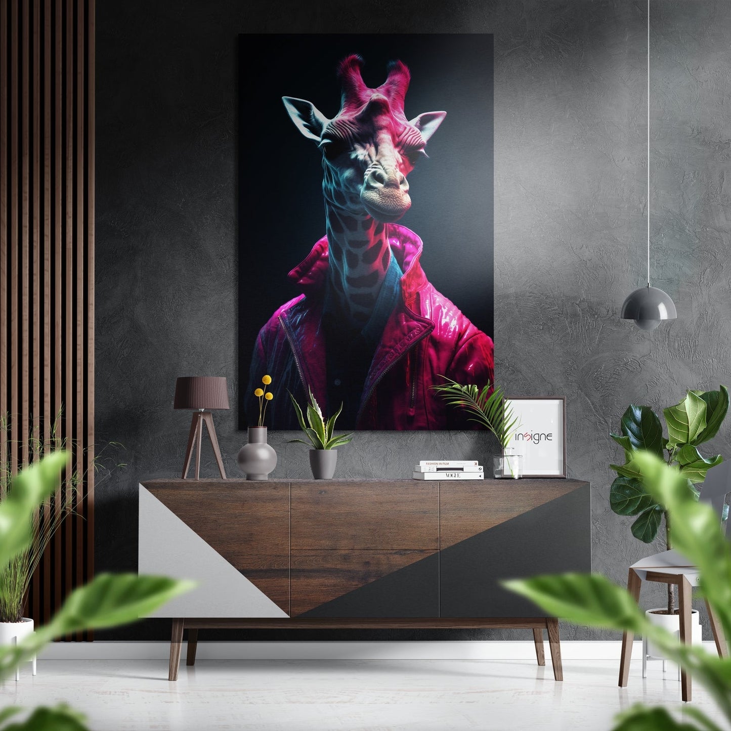 Neon pink giraffe magenta coat metal wall art