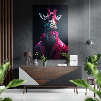 Neon pink giraffe magenta coat metal wall art