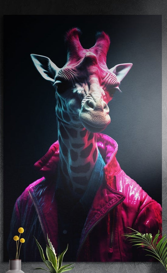 Pink giraffe in a magenta leather jacket, brushed aluminum wall art on a gray wall above a vase and plants