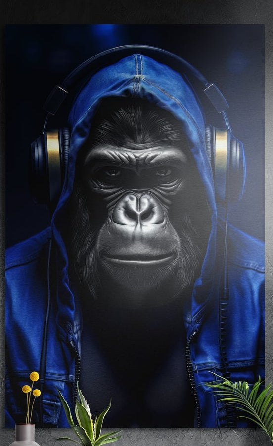 Gorilla in a blue hoodie with headphones over the hood brushed aluminum wall art above yellow flowers and plants