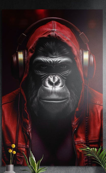 Gorilla in a crimson hoodie with headphones over the hood brushed aluminum wall art above yellow flowers and plants