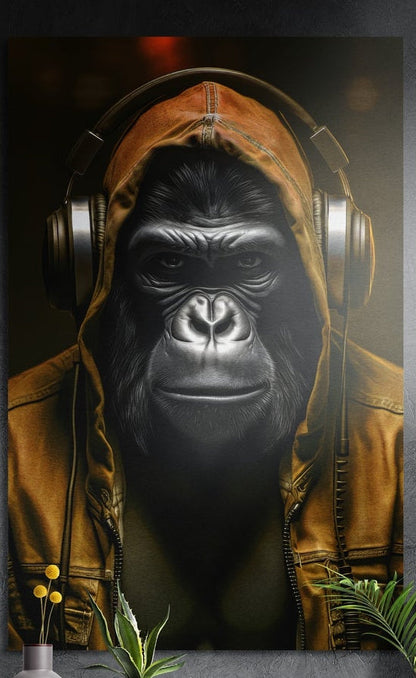 Gorilla in a mustard hoodie with headphones over the hood brushed aluminum wall art above yellow flowers and plants
