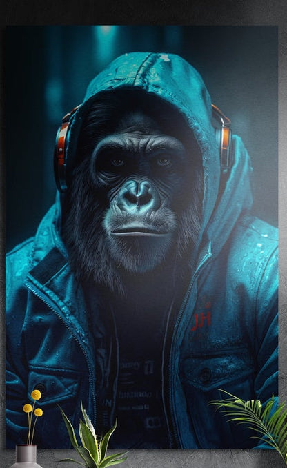 Teal hoodie gorilla with headphones brushed aluminum wall art on a dark wall behind yellow flowers and green plants