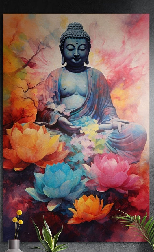 Meditating Buddha with lotus blooms brushed aluminum wall art in pink, orange and blue on a dark gray wall above plants