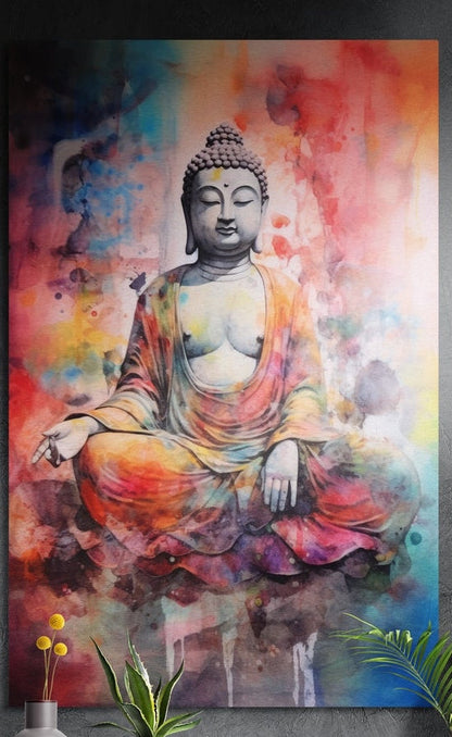 Watercolor seated Buddha brushed aluminum wall art on a dark wall above potted plants and yellow flowers