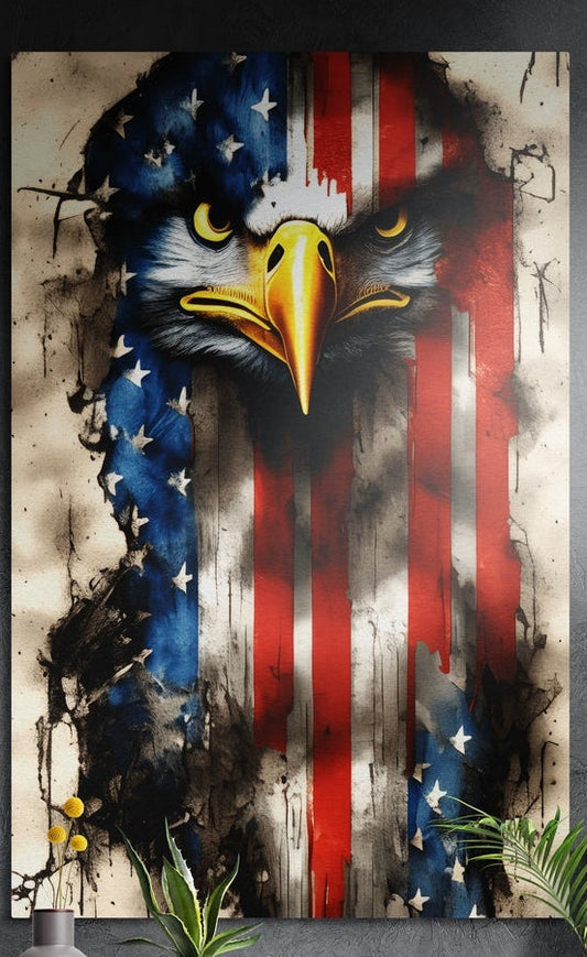 Bald eagle head in a weathered American flag, brushed aluminum wall art on a gray wall above yellow flowers