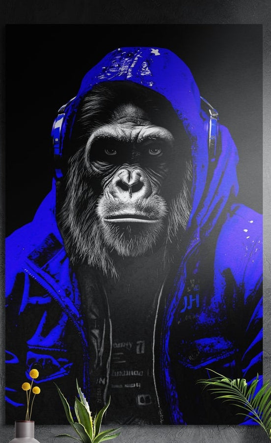 Electric blue hooded gorilla in headphones brushed aluminum wall art on a dark wall behind yellow flowers and green plants