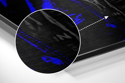 Magnified detail of the brushed metal grain showing through the electric blue hooded gorilla in headphones print