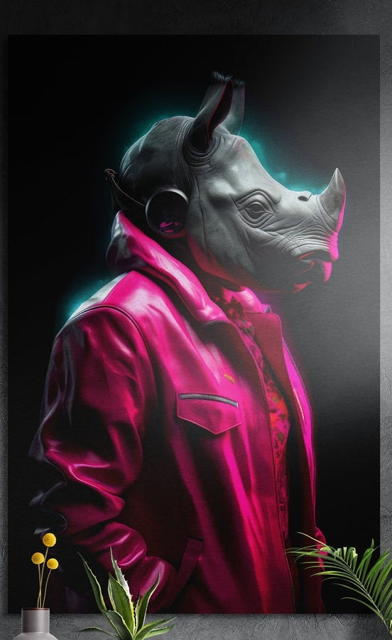 Rhino in a bright magenta jacket wearing headphones brushed aluminum wall art above yellow flowers and plants