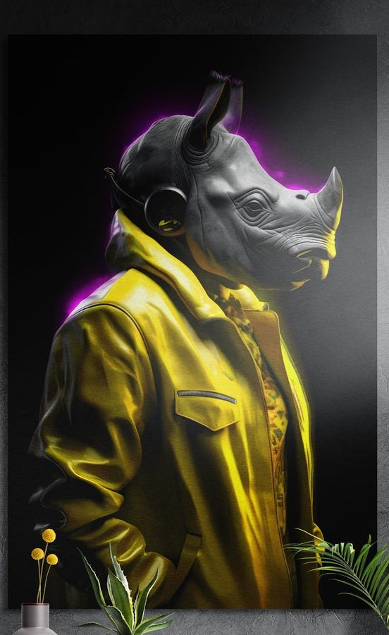 Rhino in yellow jacket and headphones brushed aluminum wall art on a dark textured wall above potted plants