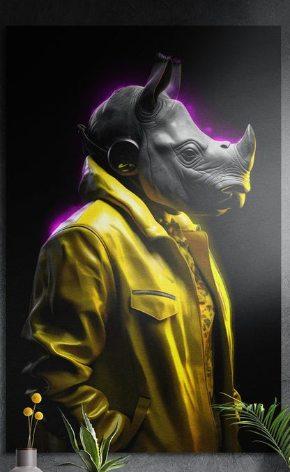 Rhino in yellow jacket and headphones brushed aluminum wall art on a dark textured wall above potted plants