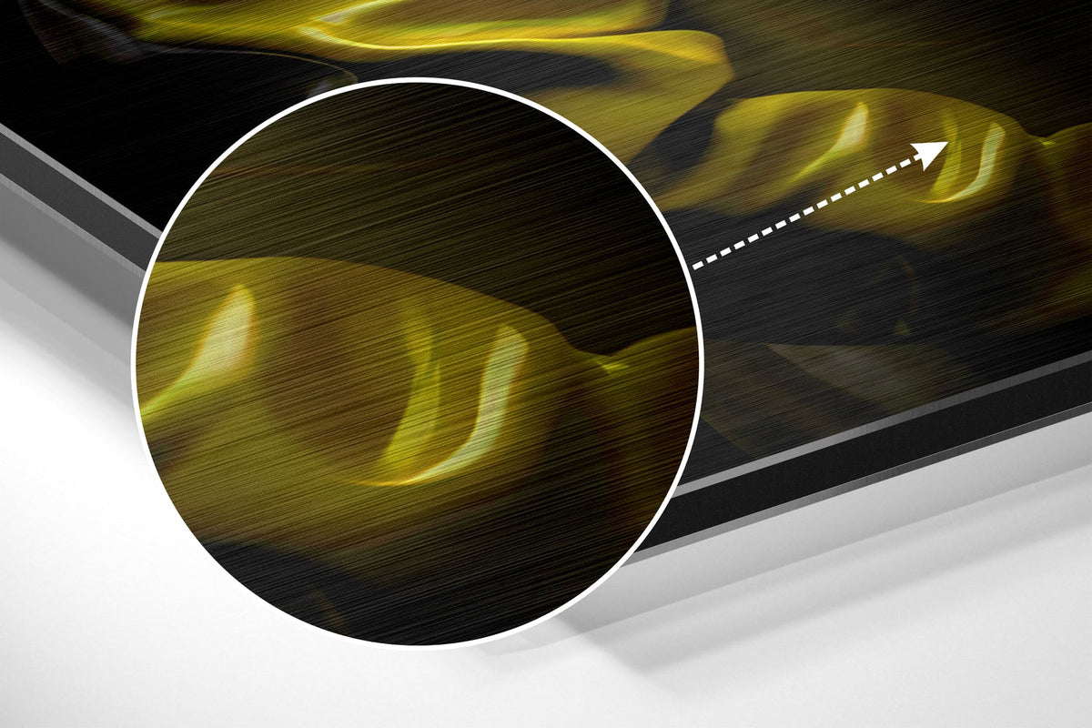 Magnified detail of the brushed metal grain showing through the rhino in yellow jacket print