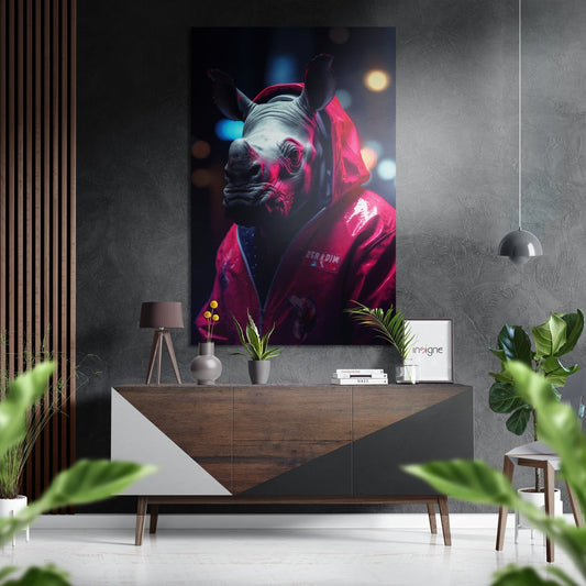 Red bomber jacket rhino city bokeh metal wall art