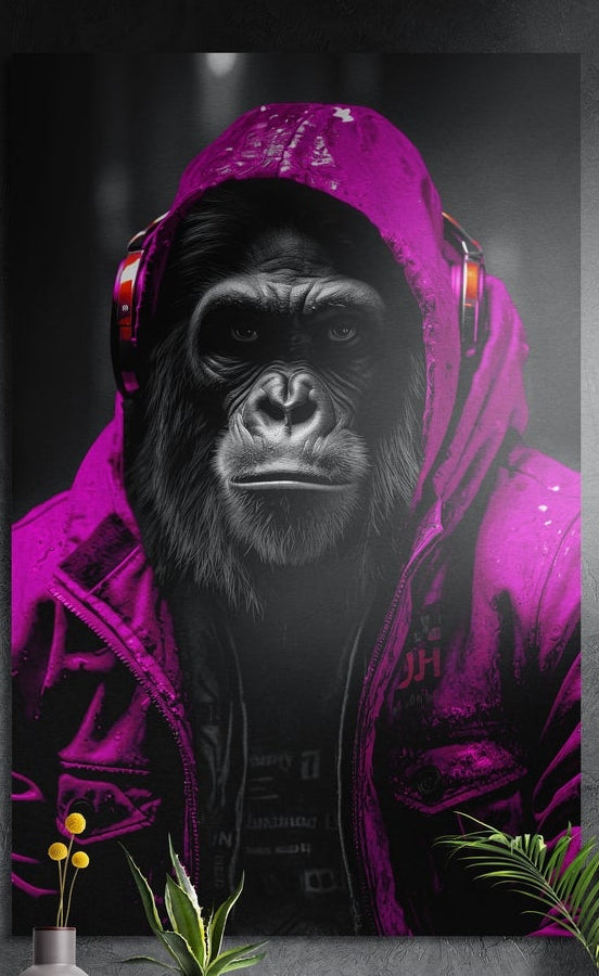 Ape in a magenta hooded jacket with headphones under the hood brushed aluminum wall art above yellow flowers and plants
