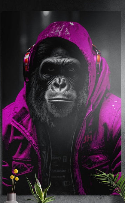 Ape in a magenta hooded jacket with headphones under the hood brushed aluminum wall art above yellow flowers and plants