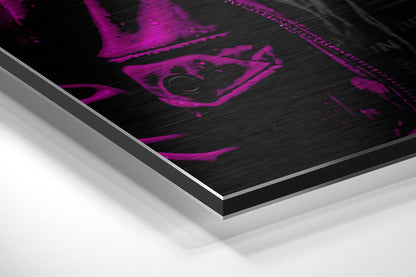 Magenta hooded DJ ape brushed aluminum panel corner close-up showing the brushed metal grain