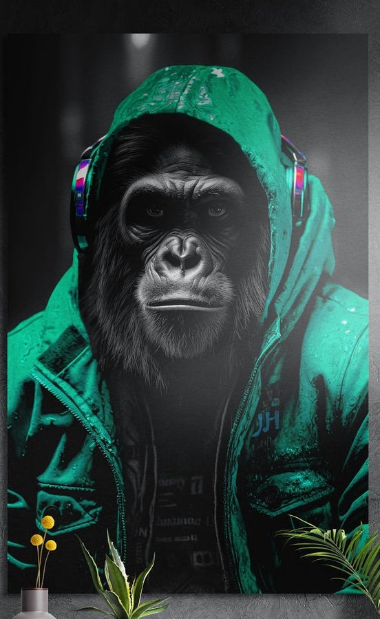 Ape in an emerald hooded jacket with headphones under the hood brushed aluminum wall art above yellow flowers and plants