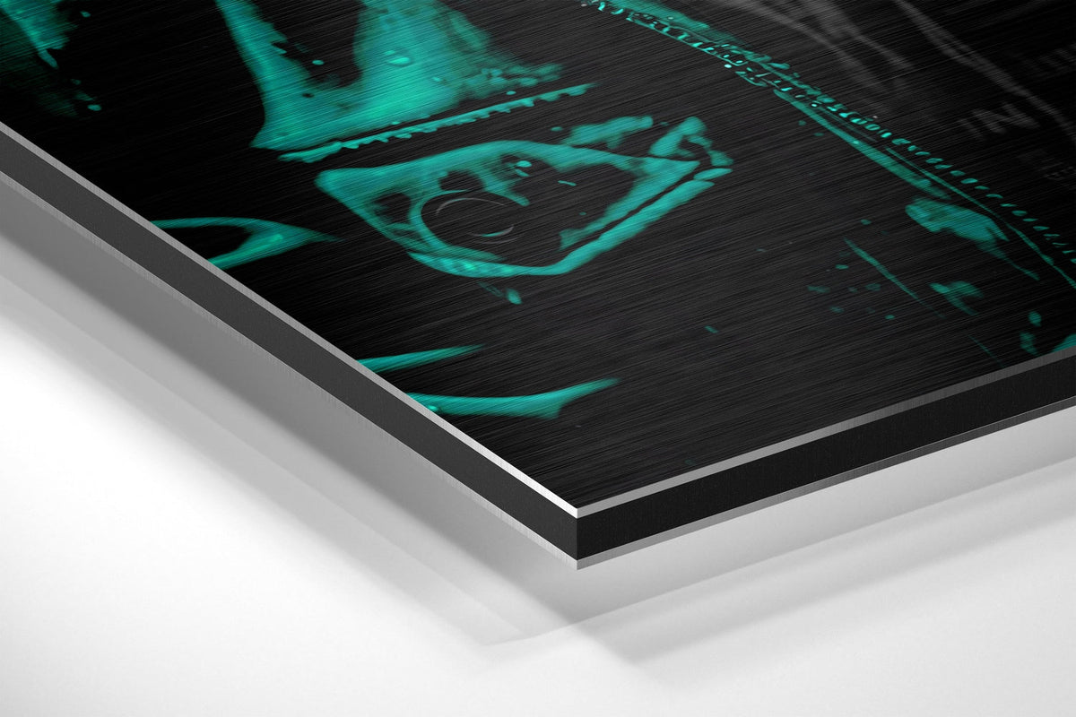 Emerald hooded DJ ape brushed aluminum panel corner close-up showing the brushed metal grain