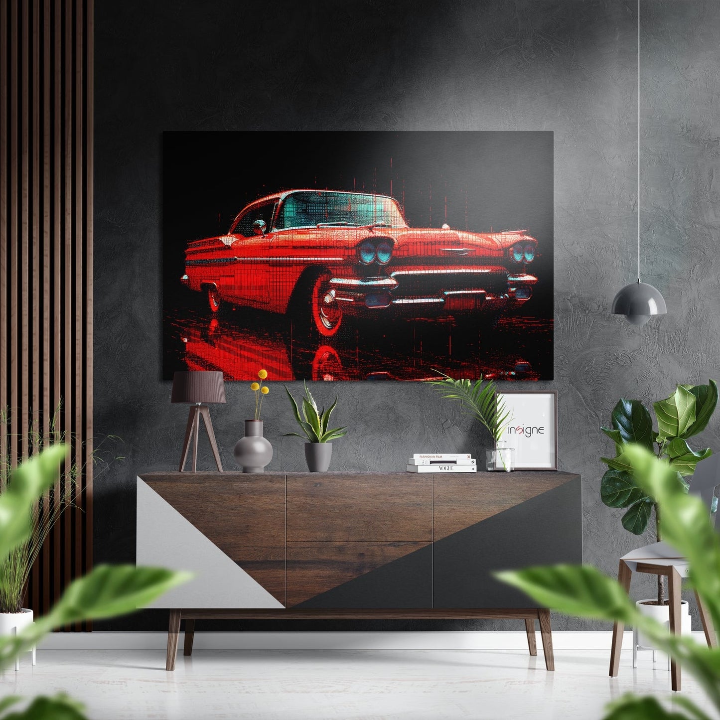 Red Fifties Cruiser Glitch Metal Wall Art