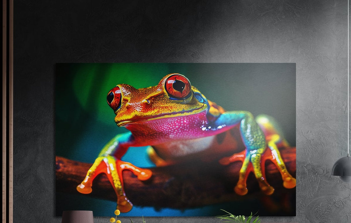 Rainbow tree frog with red eyes brushed aluminum wall art on a dark wall above a sideboard with yellow flowers