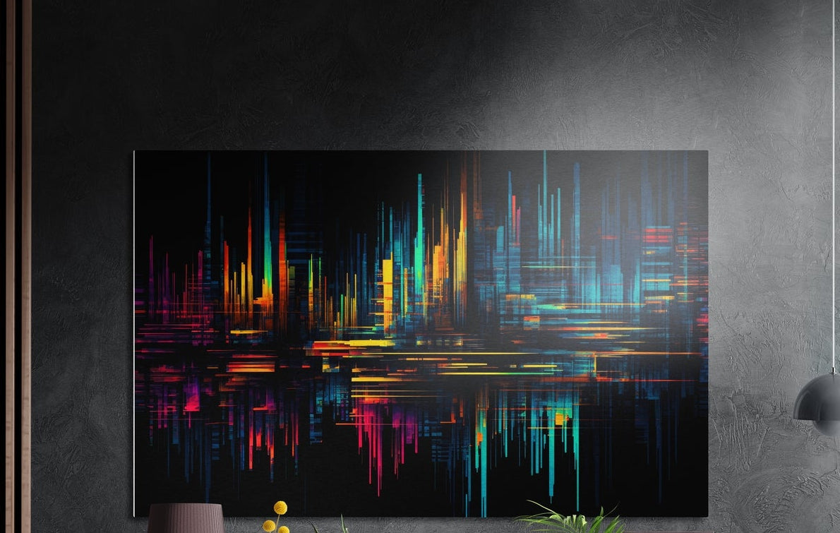 Neon glitch city skyline brushed aluminum wall art on a dark textured wall, a lamp and plant tops below