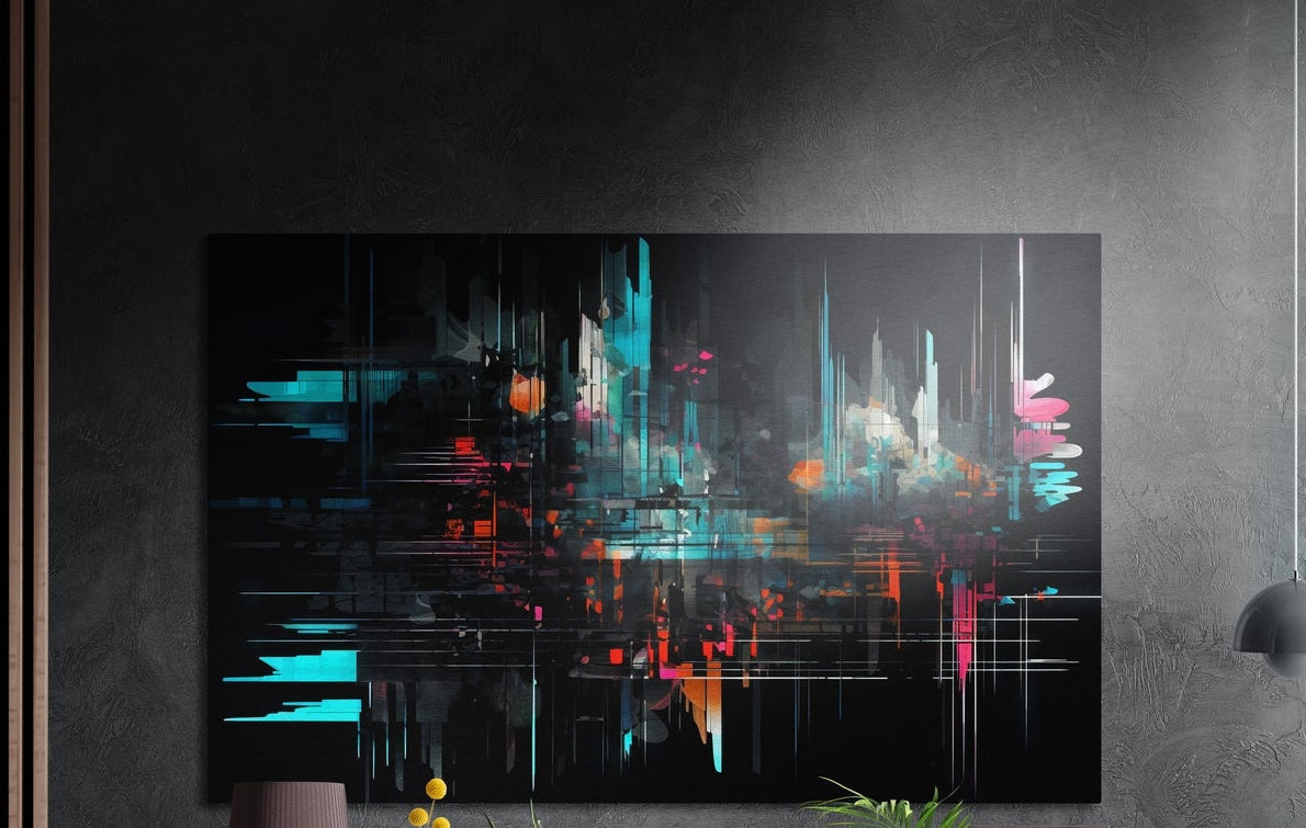 Teal glitch abstract cityscape brushed aluminum wall art on a dark textured wall, a lamp and plant tops below
