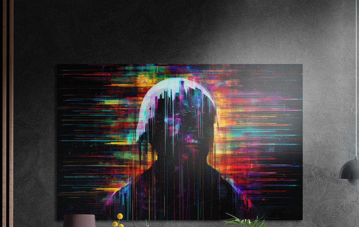 Rainbow glitch silhouette portrait brushed aluminum wall art on a dark gray wall above yellow flowers