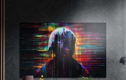 Rainbow glitch silhouette portrait brushed aluminum wall art on a dark gray wall above yellow flowers
